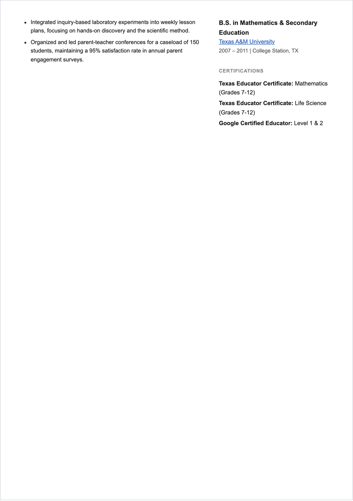Free Secondary School Teacher ATS Resume Template, AI Resume Builder