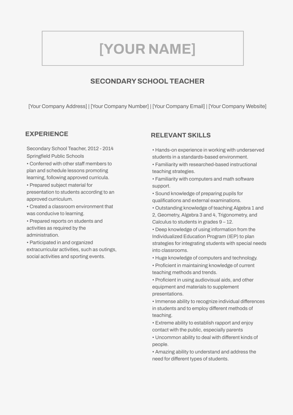 Free Secondary School Teacher Resume Template to Edit Online