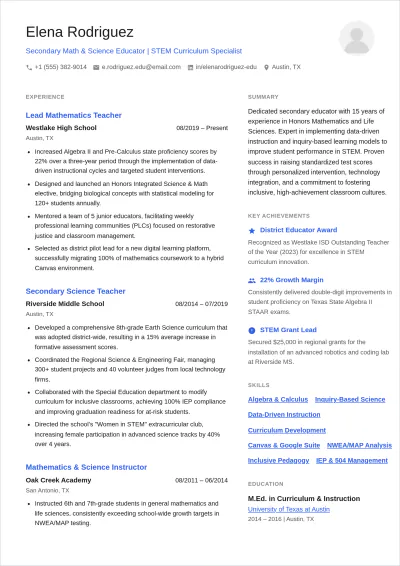 Free Secondary School Teacher ATS Resume Template, AI Resume Builder