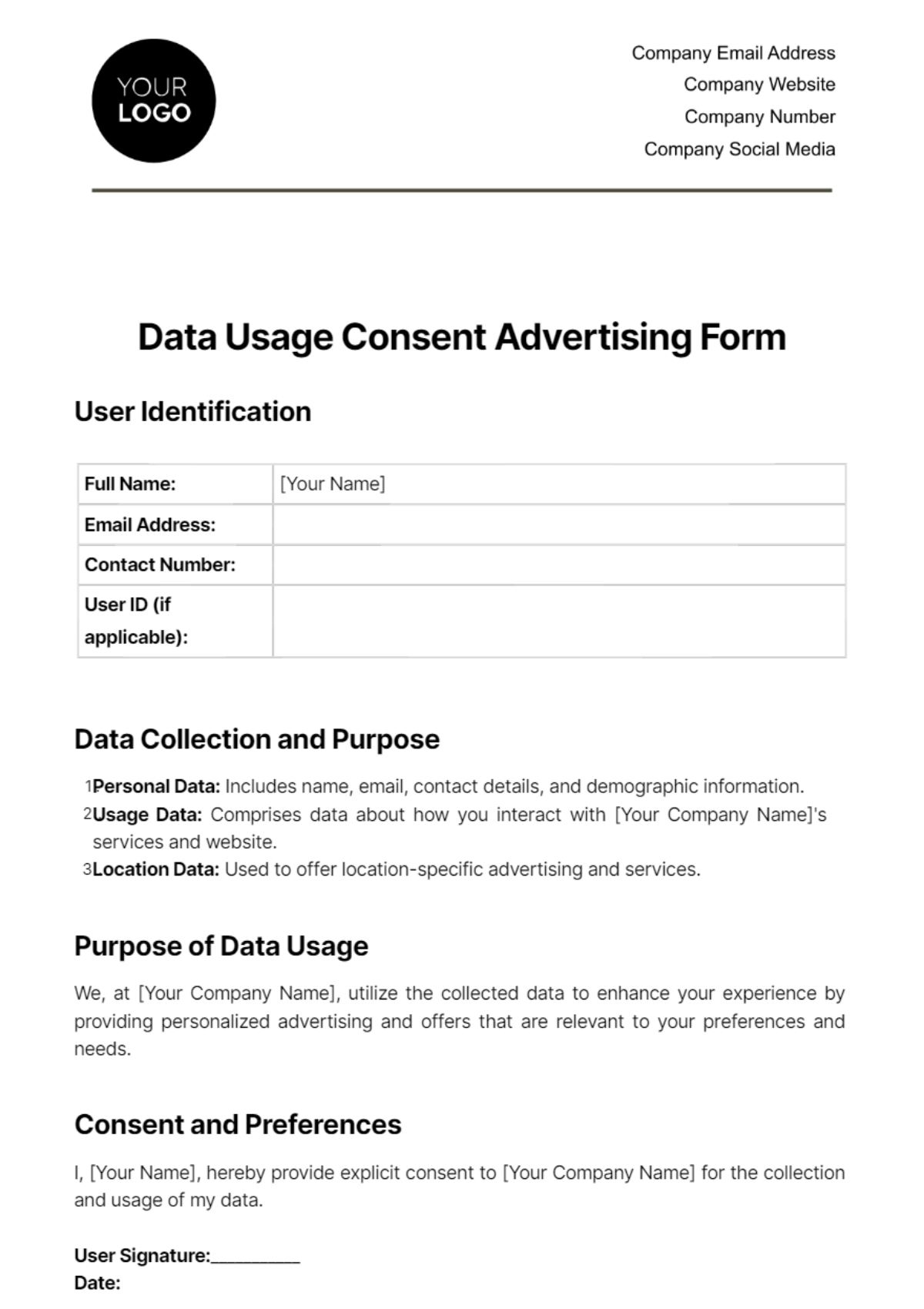Free Data Usage Consent Advertising Form Template