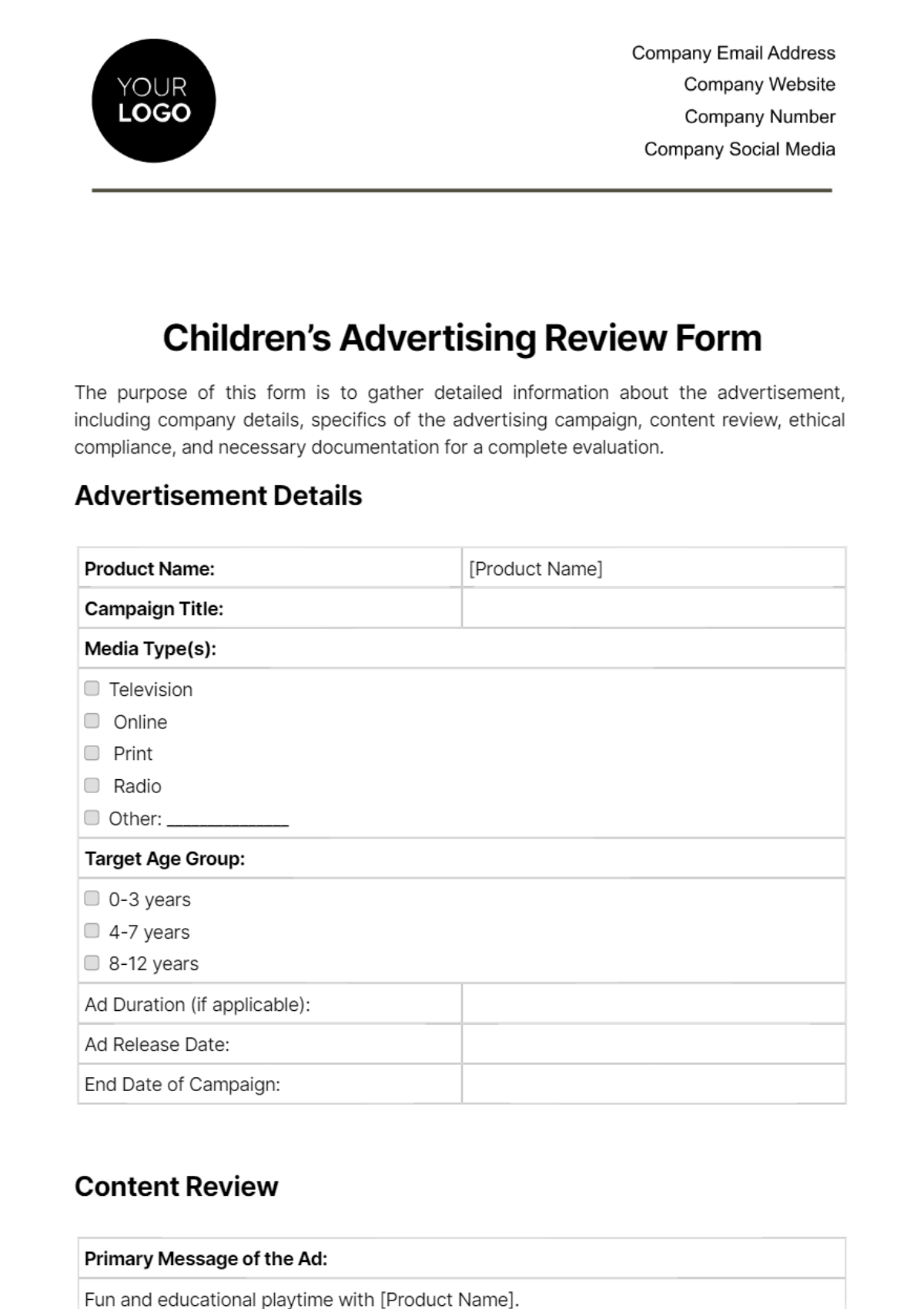 Children’s Advertising Review Form Template