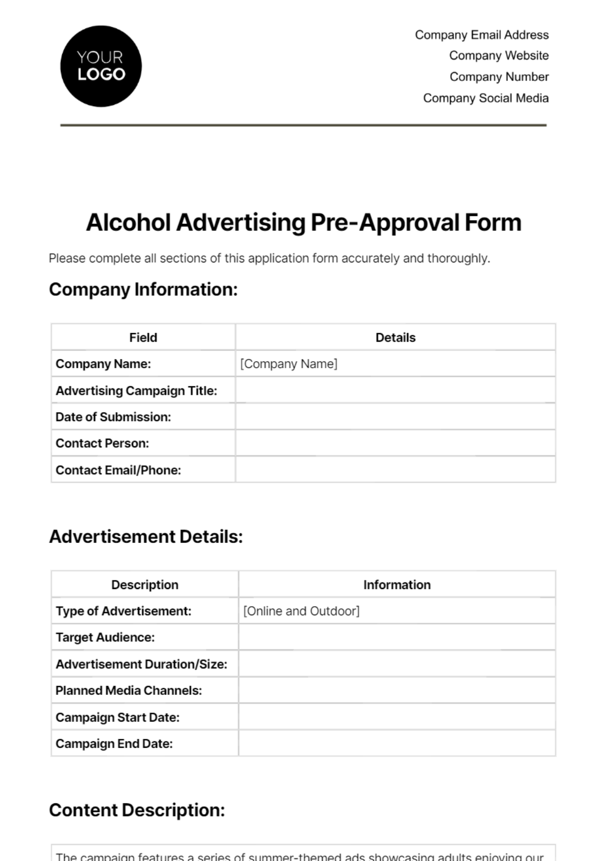 Free Alcohol Advertising Pre-Approval Form Template