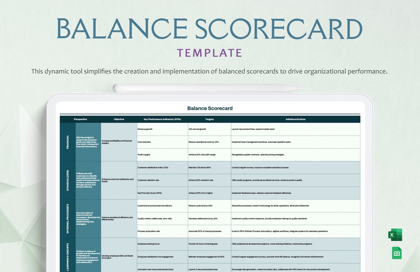 Balance Scorecard Template in Excel, Google Sheets