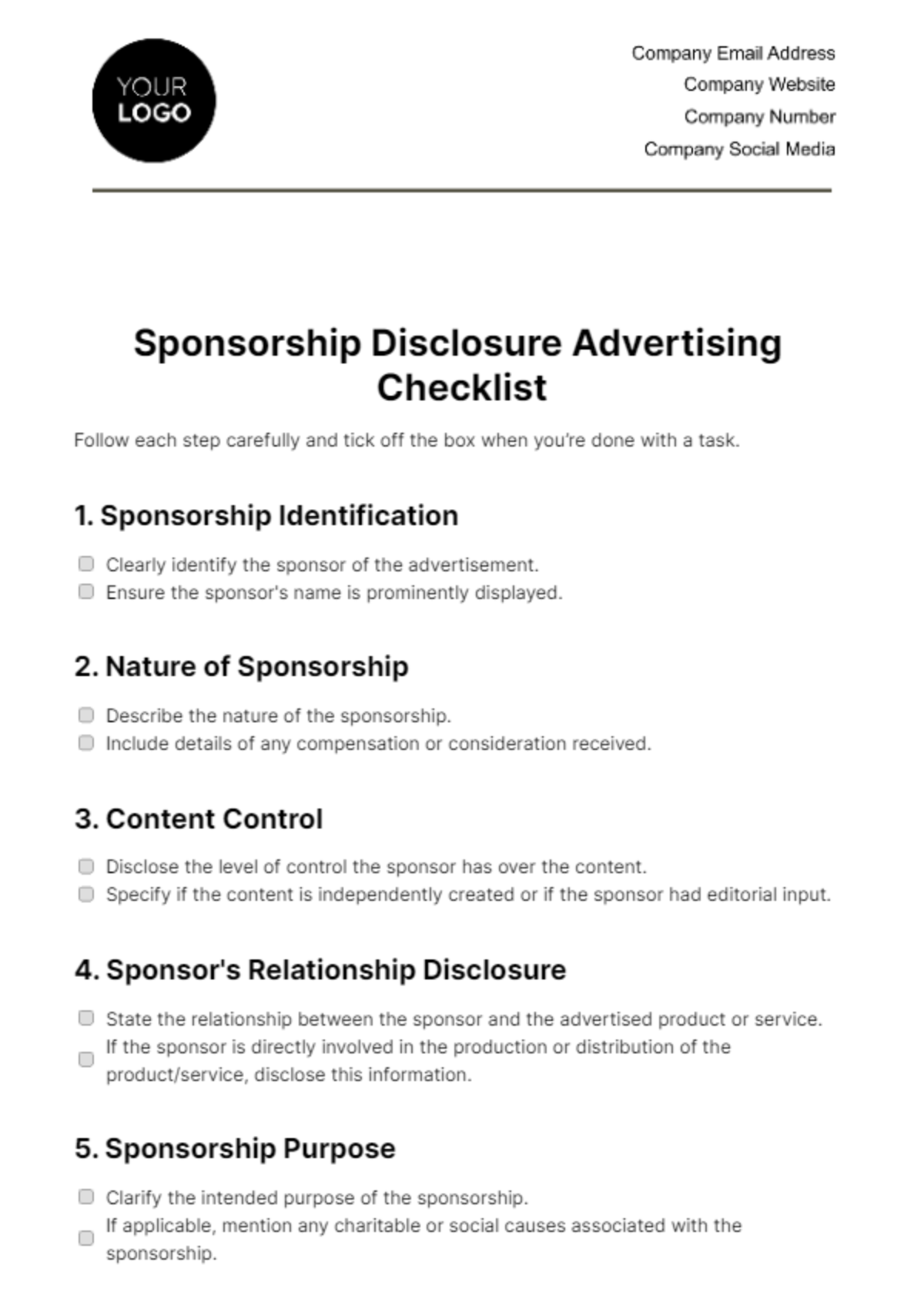 Sponsorship Disclosure Advertising Checklist Template