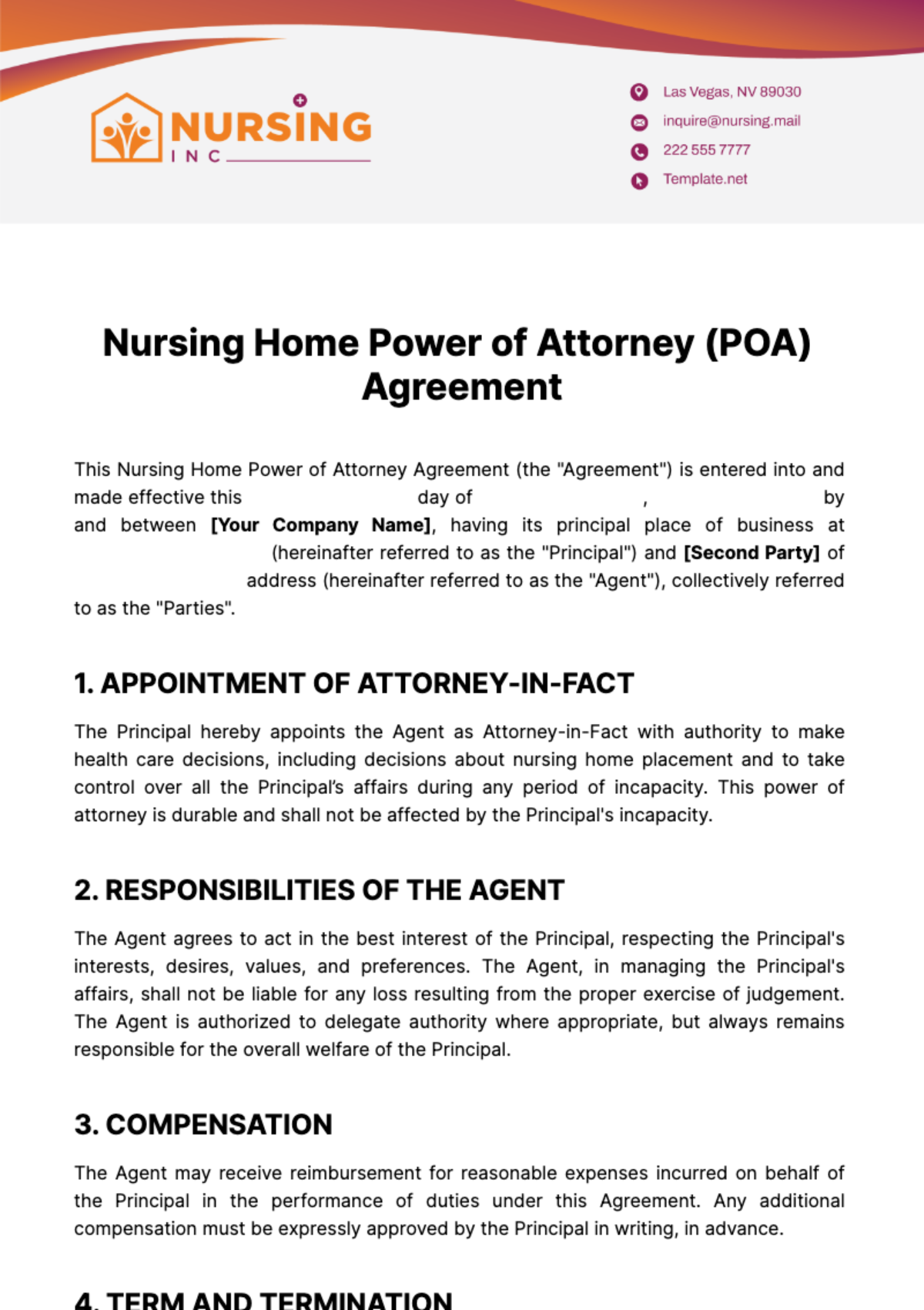 Nursing Home Power of Attorney (POA) Agreement Template