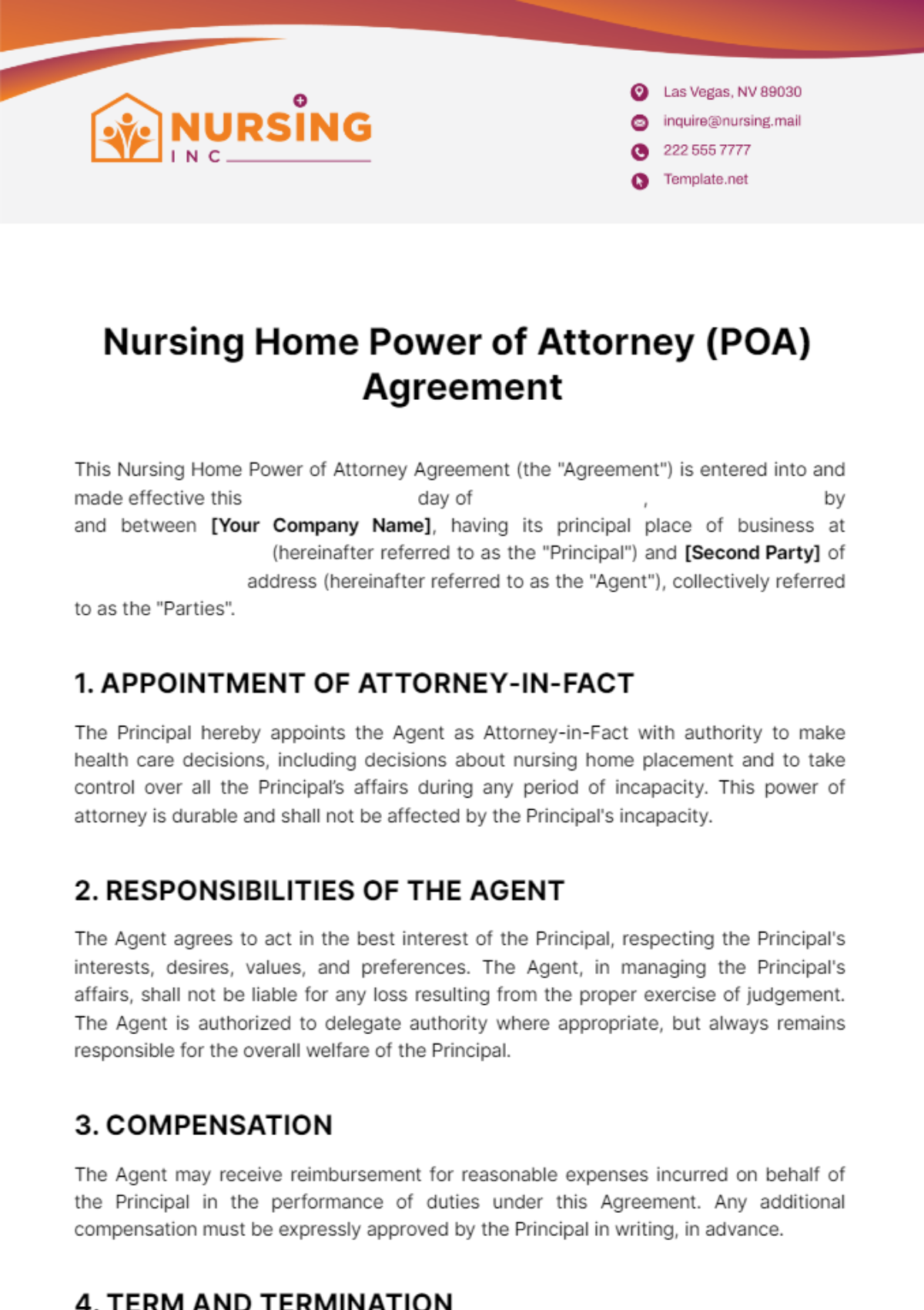 Nursing Home Power of Attorney (POA) Agreement Template - Edit Online ...