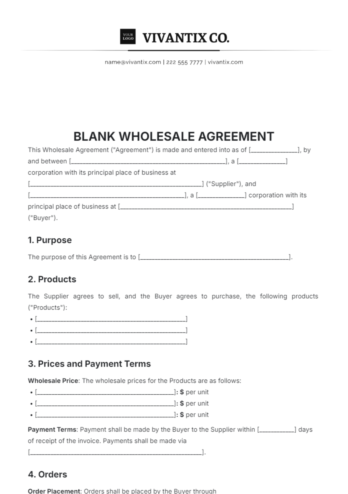 Blank Wholesale Agreement Template - Edit Online & Download