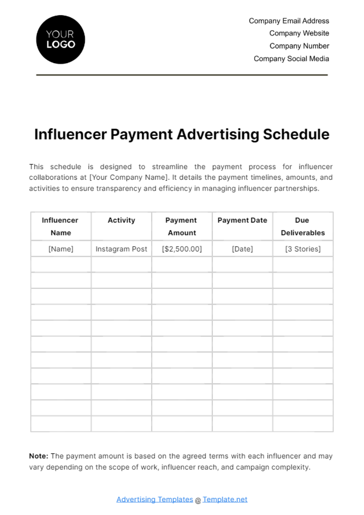 Free Influencer Payment Advertising Schedule Template