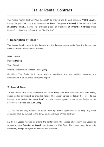 Free Trailer Rental Contract Template to Edit Online