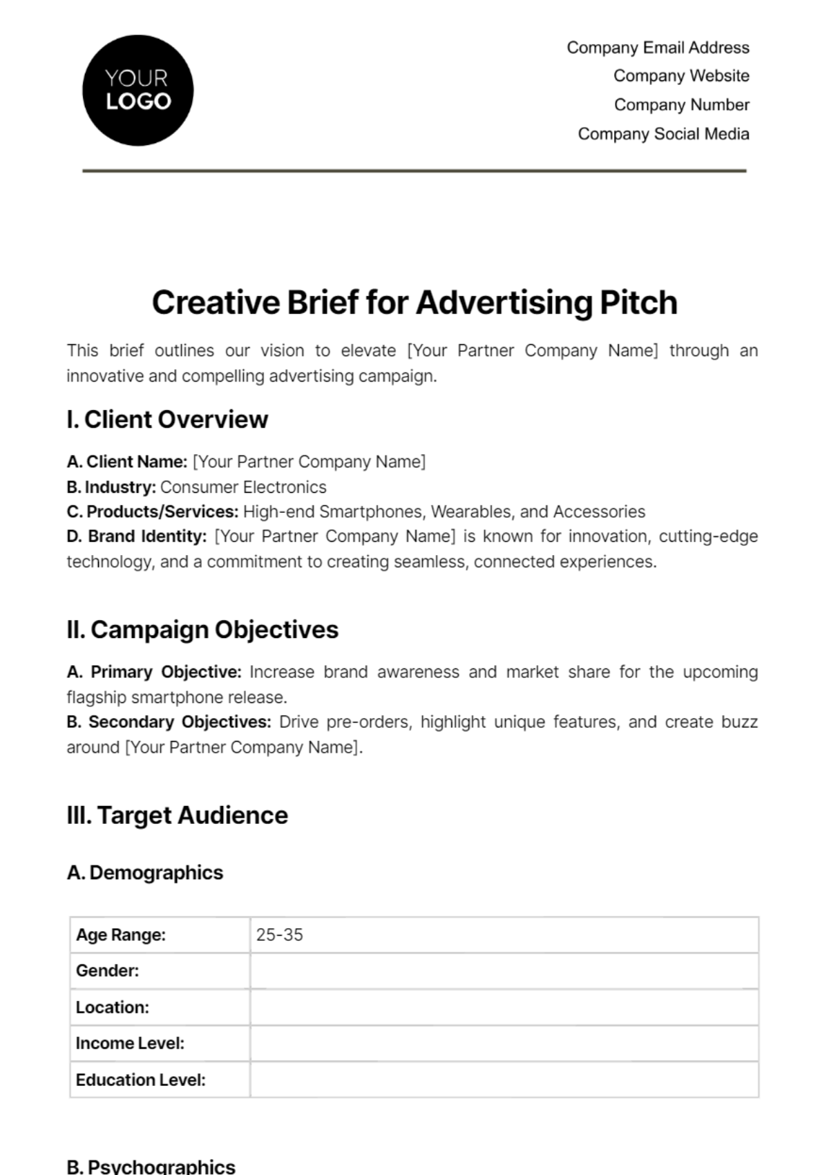Creative Brief for Advertising Pitch Template