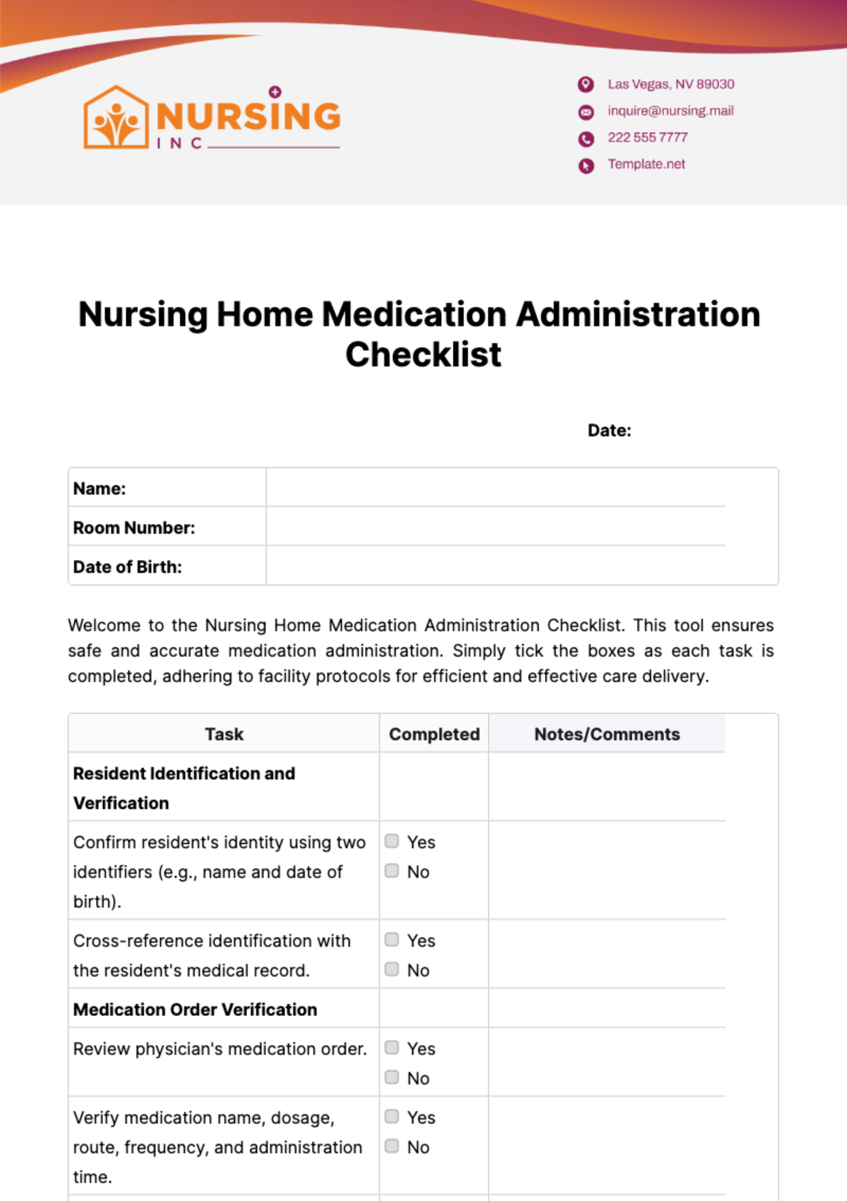 Nursing Home Medication Administration Checklist Template
