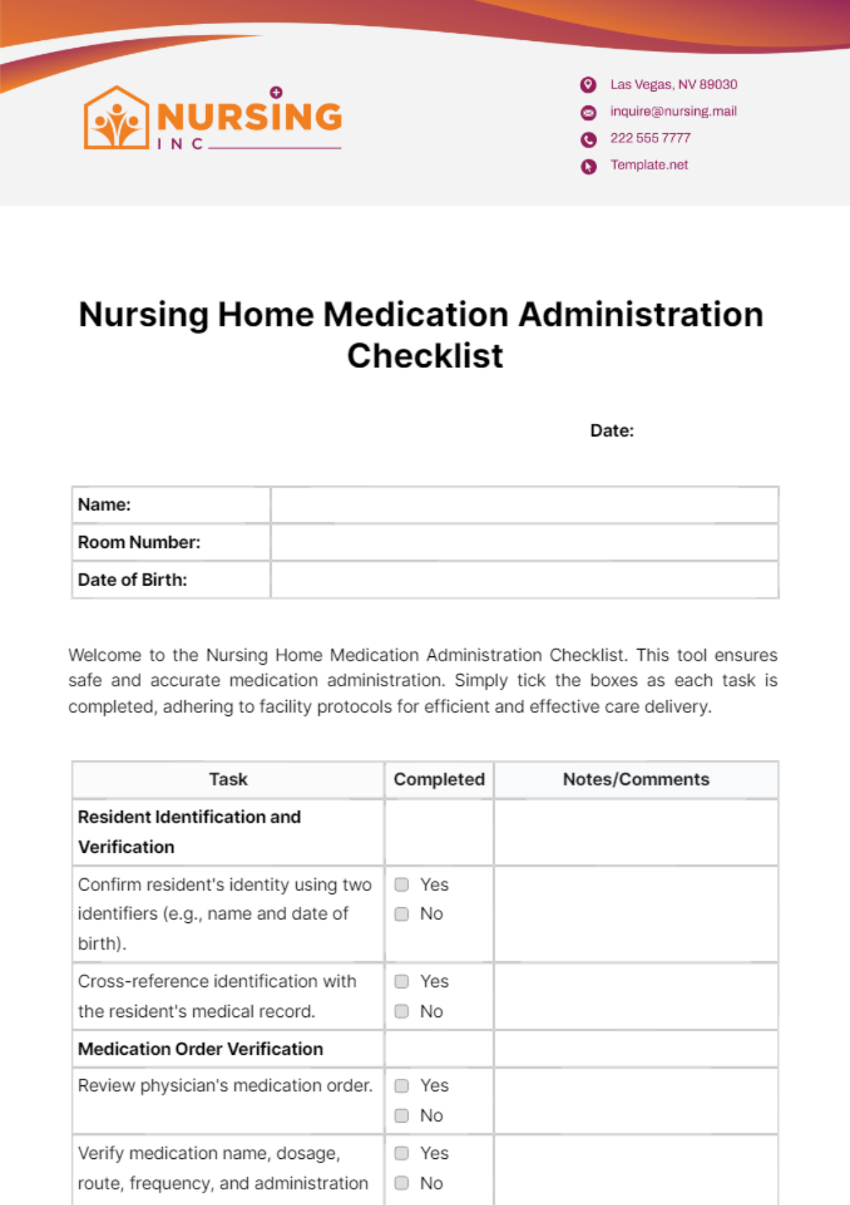 Nursing Home Medication Administration Checklist Template - Edit Online ...