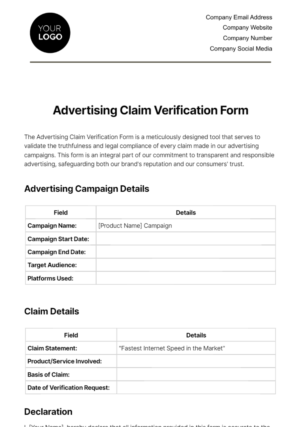 Advertising Claim Verification Form Template