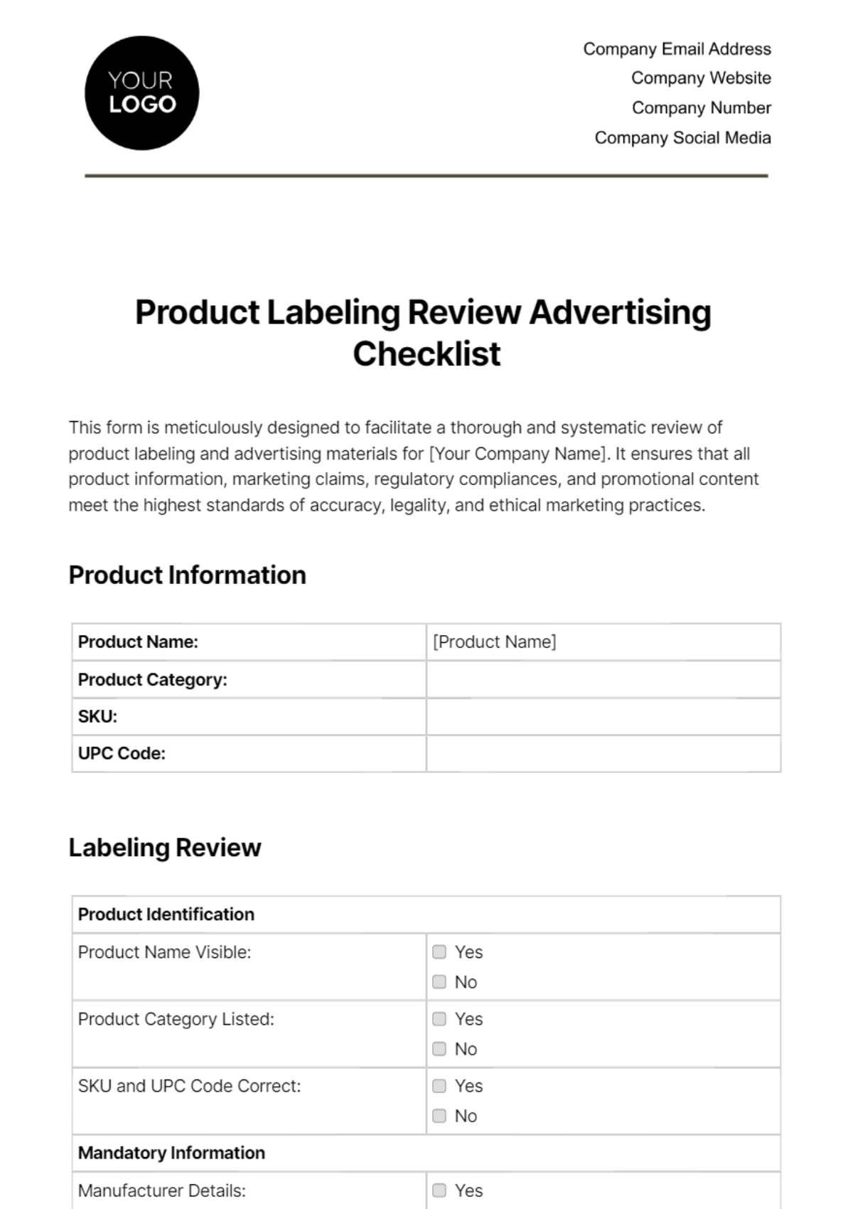 Free Product Labeling Review Advertising Checklist Template