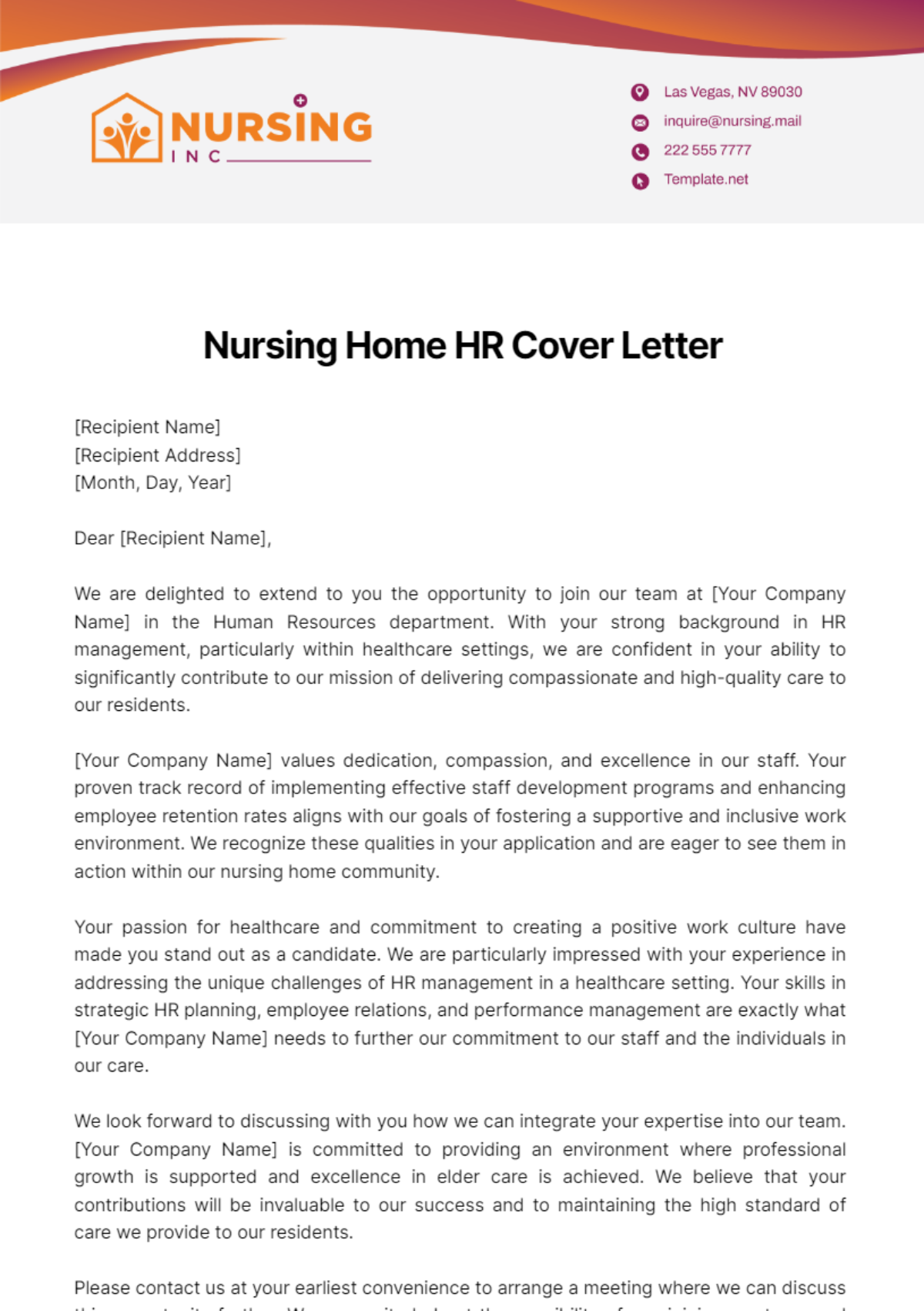 Nursing Home HR Cover Letter Template