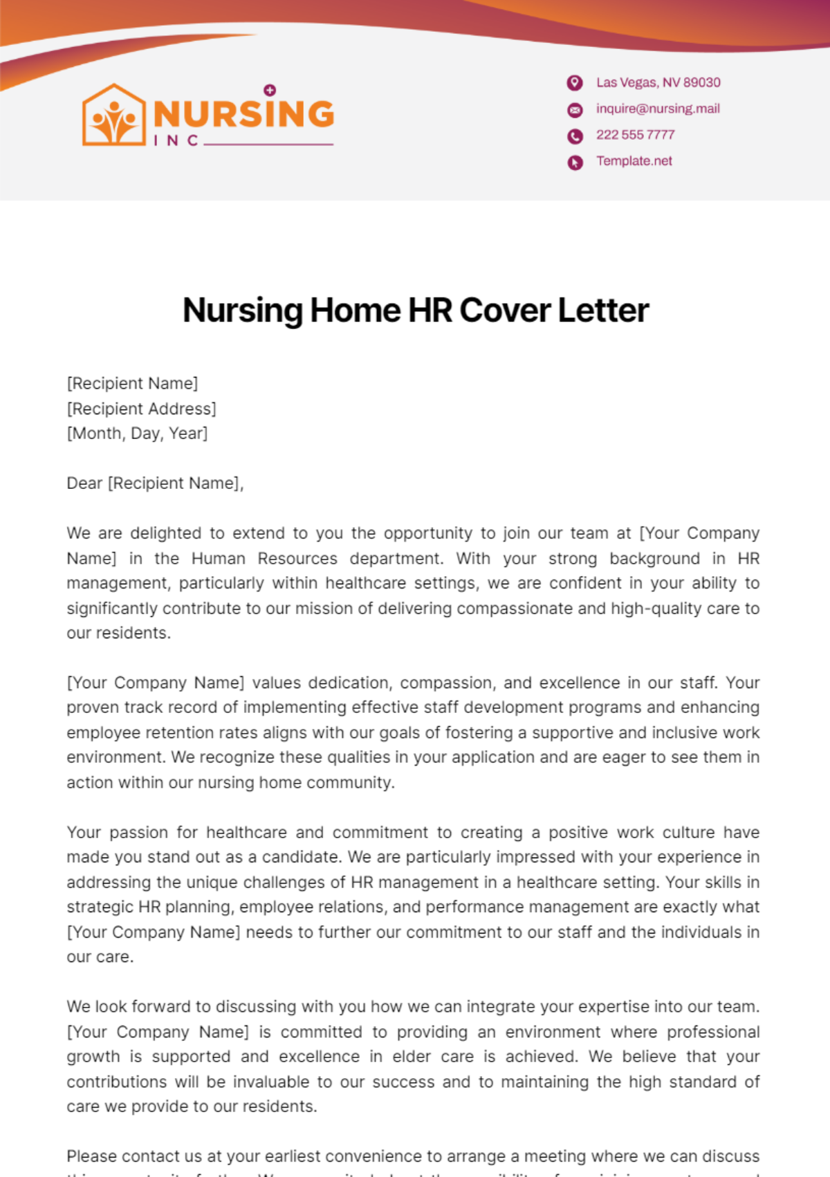 Nursing Home HR Cover Letter Template - Edit Online & Download