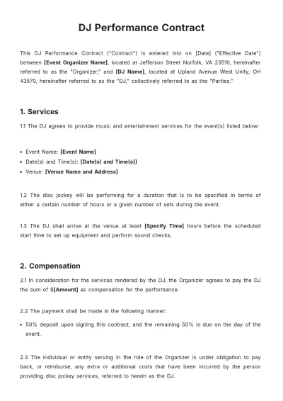 Free Dj Performance Contract Template to Edit Online