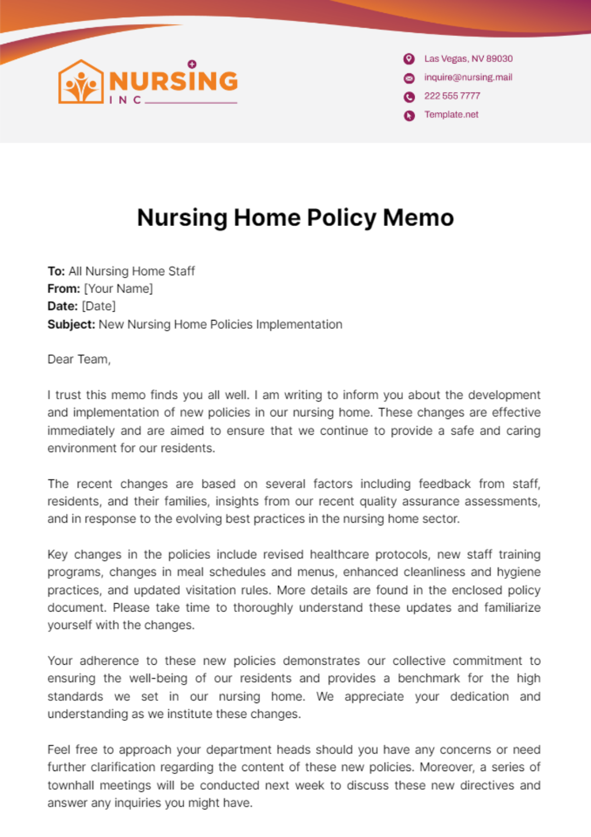 Nursing Home Policy Memo Template