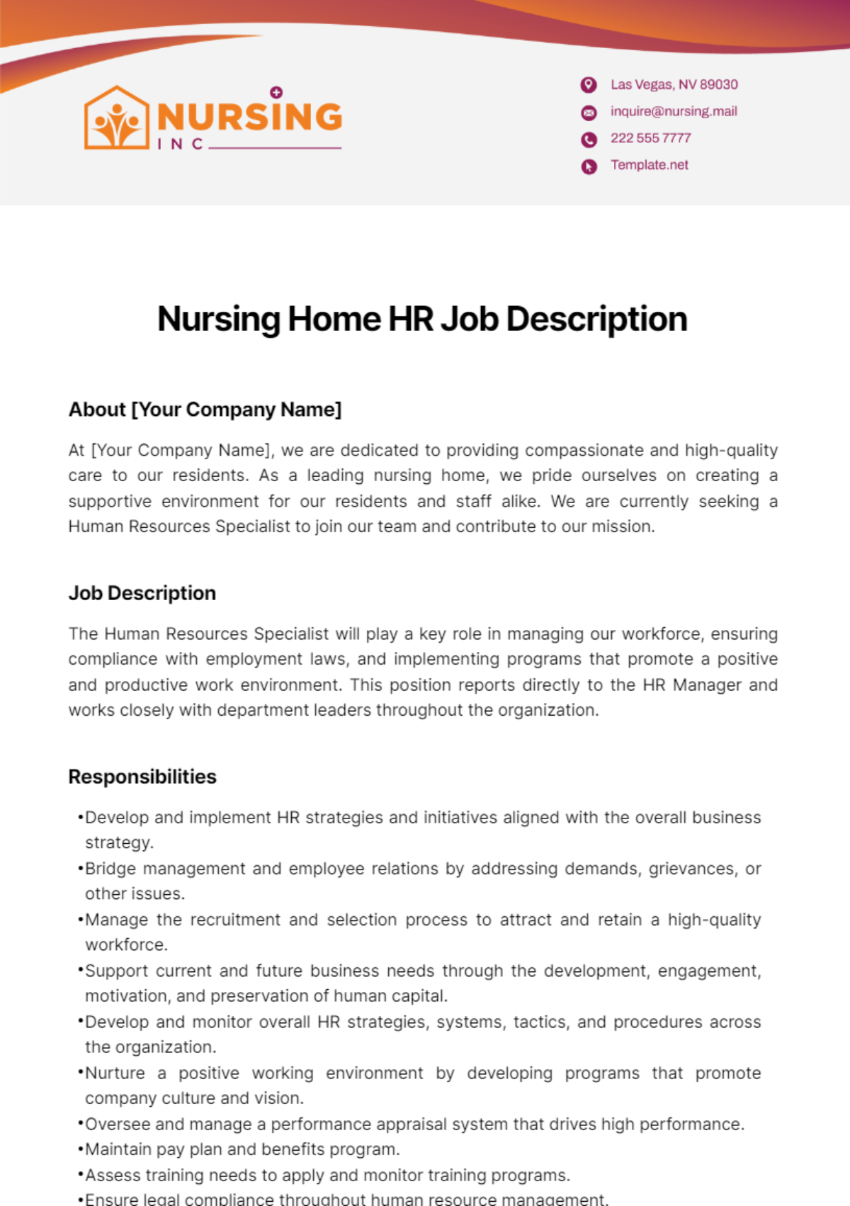 Nursing Home HR Job Description Template