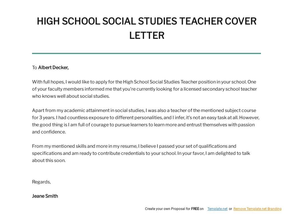 Free High School Social Studies Teacher Cover Letter Template.jpe