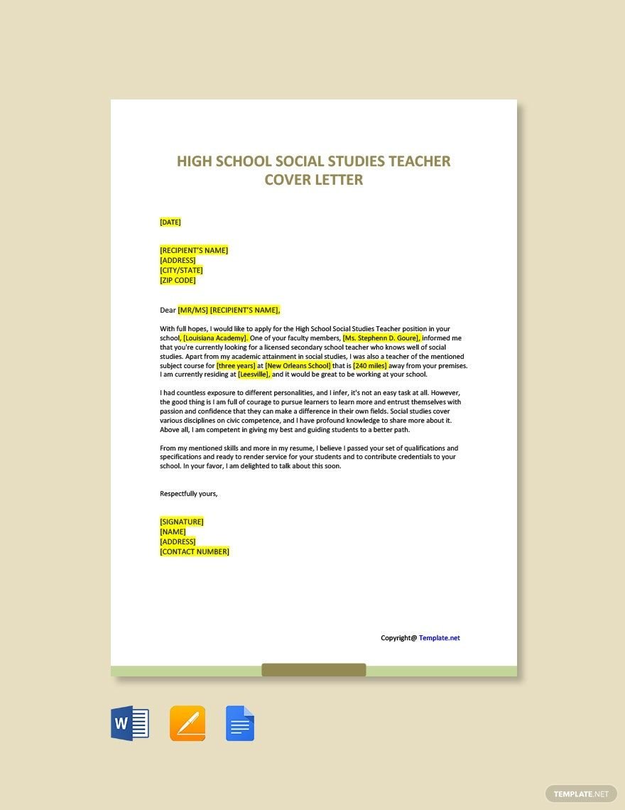 Free High School Social Studies Teacher Cover Letter Template