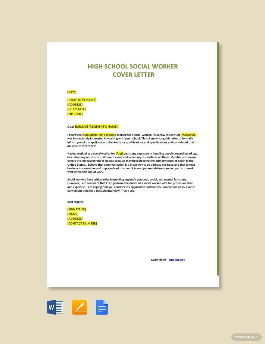 Free High School Social Worker Cover Letter Template