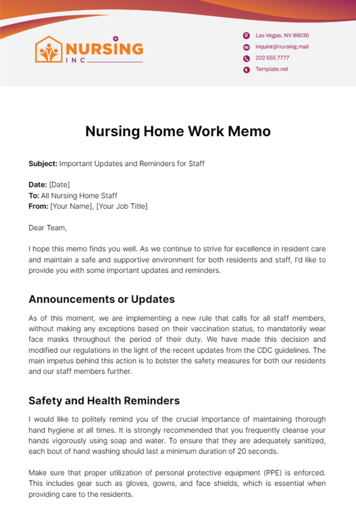 Nursing Home Work Memo Template