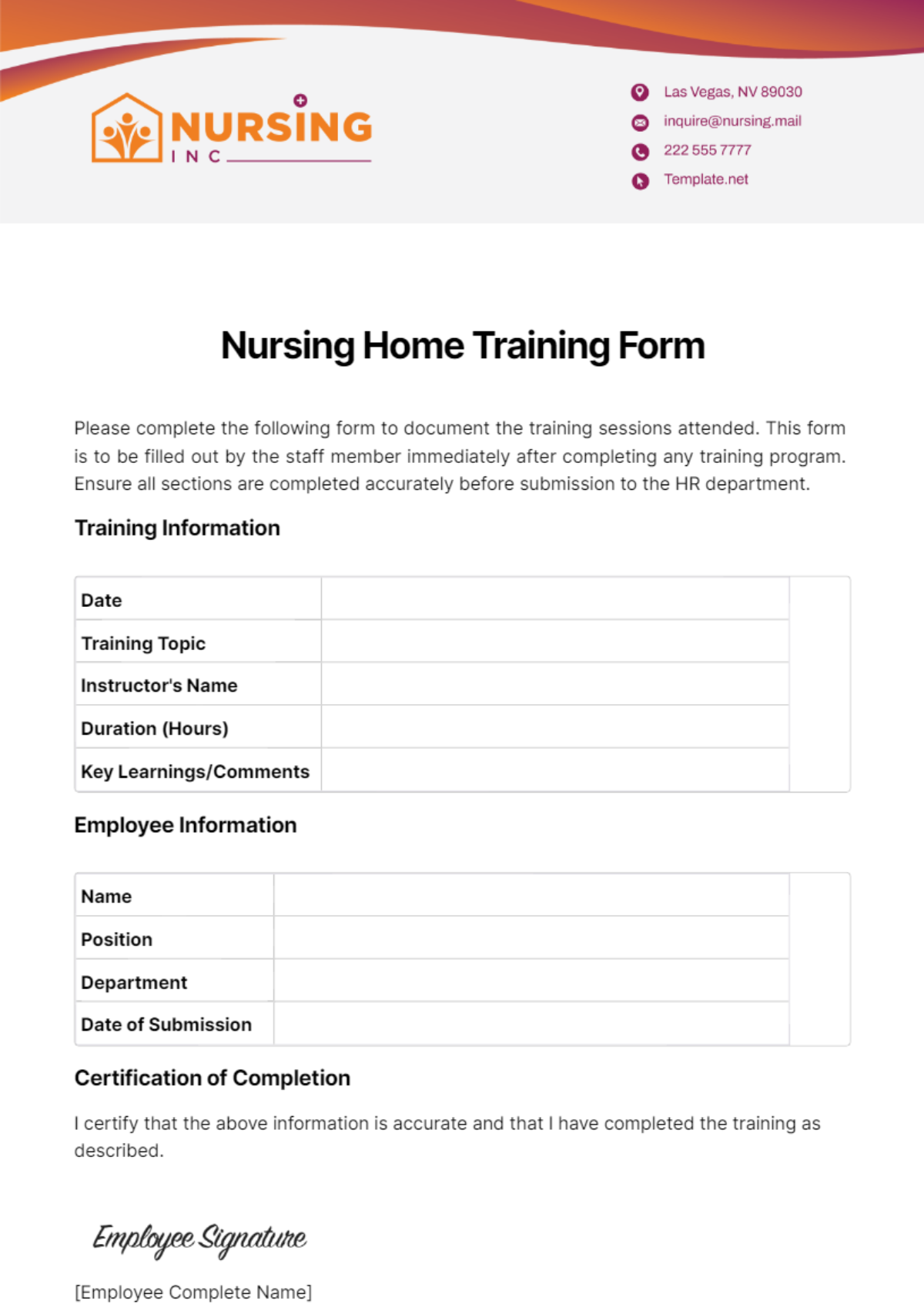 Free Nursing Home Training Form Template