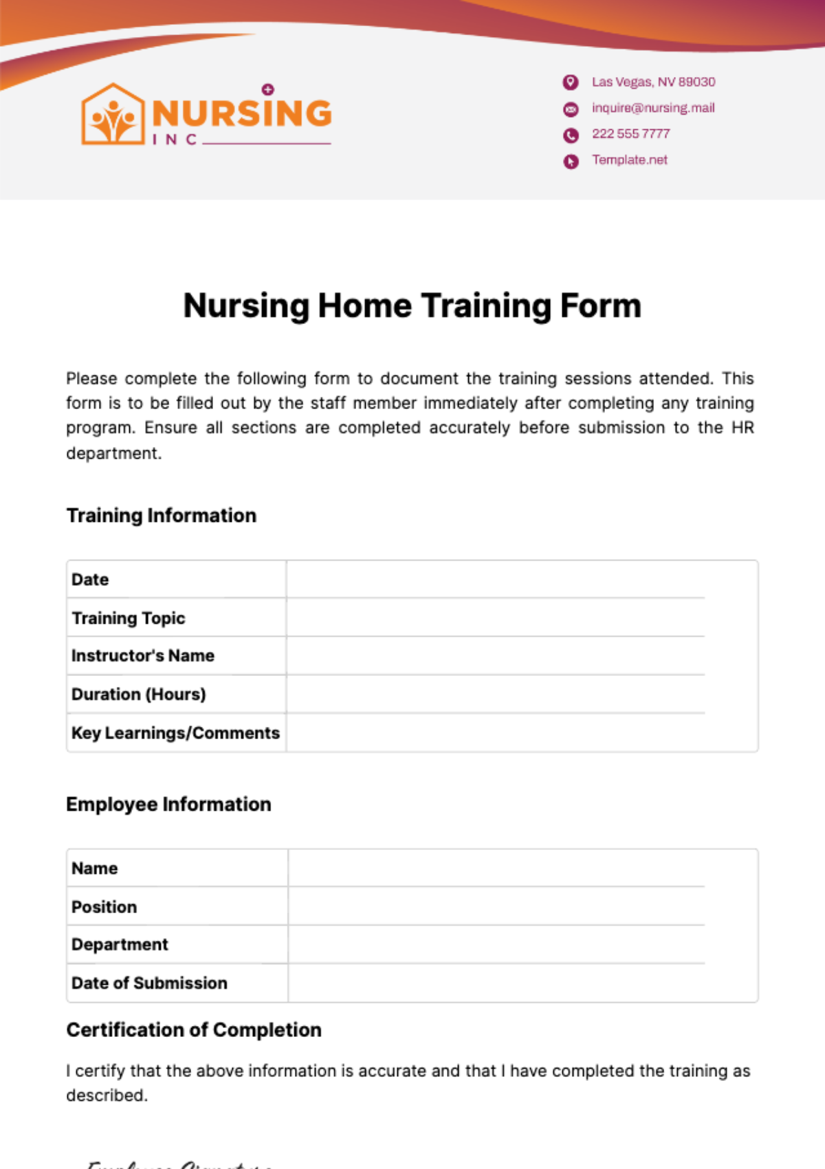 Nursing Home Training Form Template