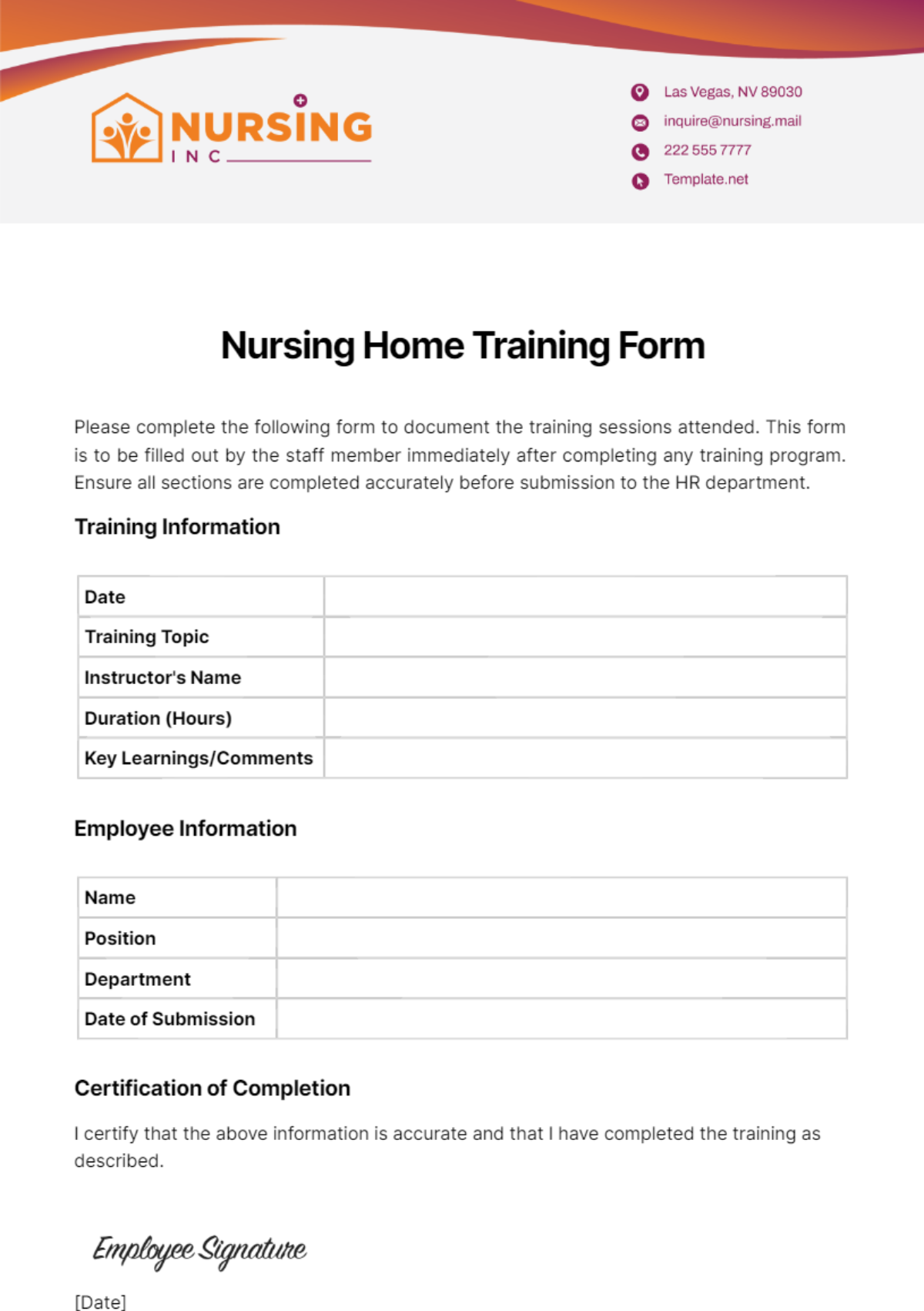 Nursing Home Training Form Template