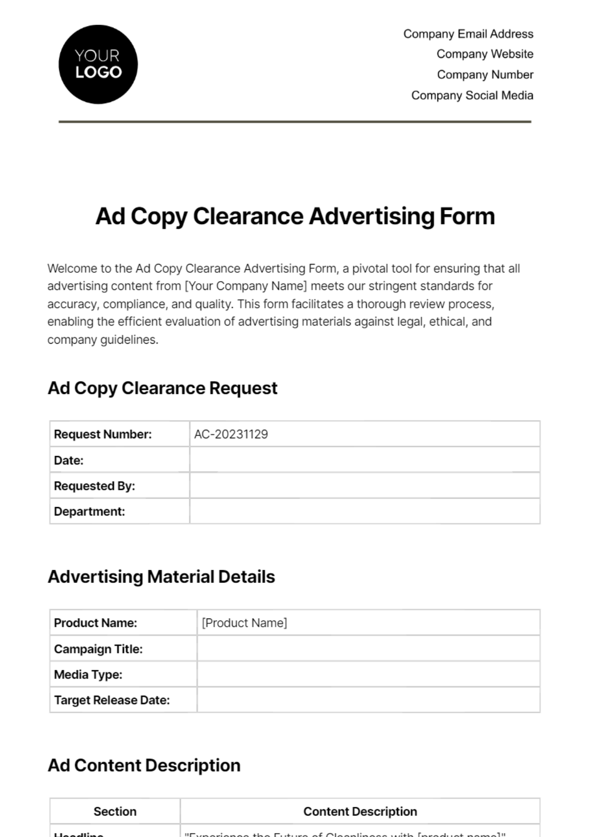 Free Ad Copy Clearance Advertising Form Template