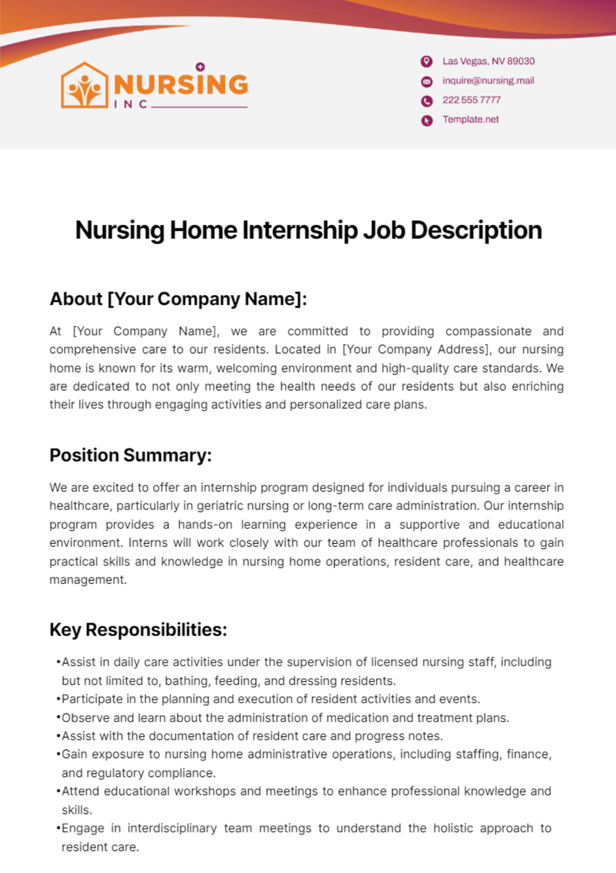 Nursing Home Internship Job Description Template