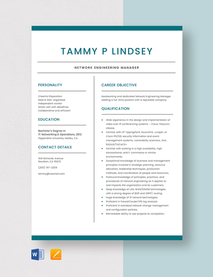 Network Engineering Manager Resume Template - Word, Apple Pages