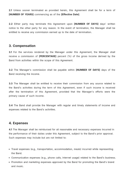 Free Band Management Contract Template to Edit Online