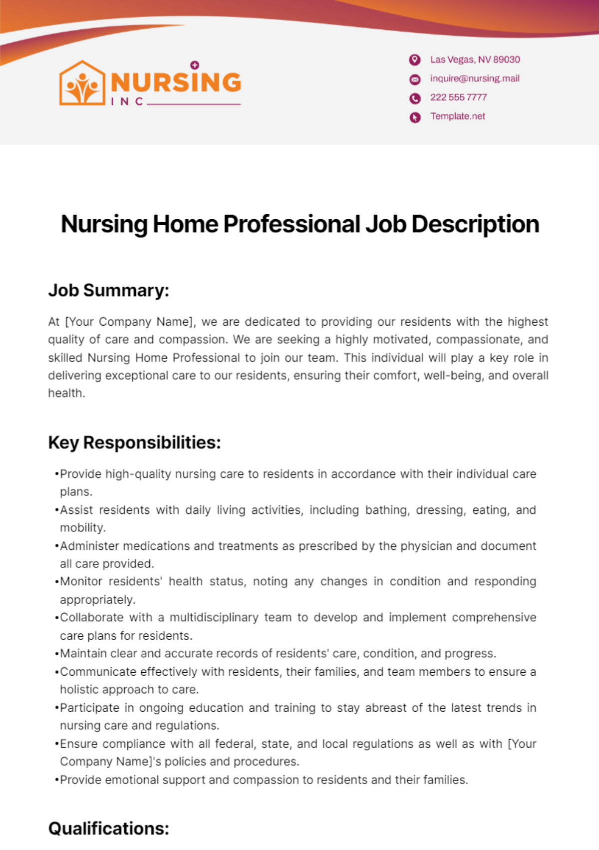 Nursing Home Professional Job Description Template