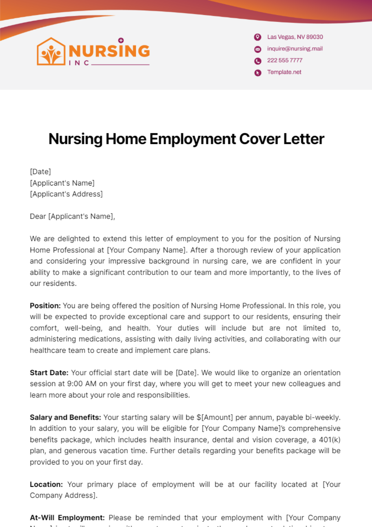 Nursing Home Employment Cover Letter Template