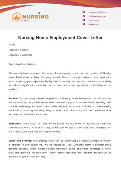 Free Nursing Home Employment Cover Letter Template to Edit Online