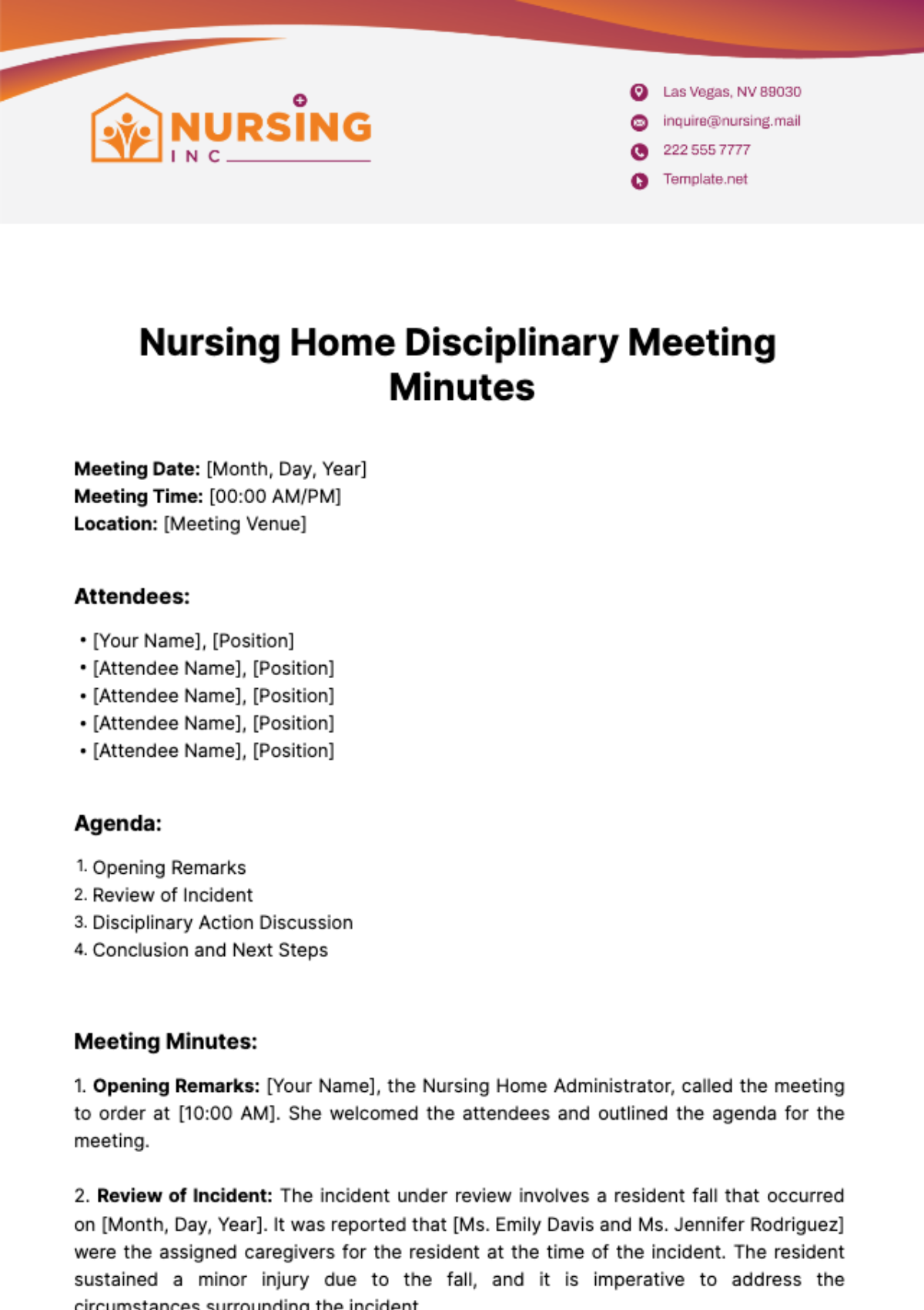 Nursing Home Disciplinary Meeting Minutes Template