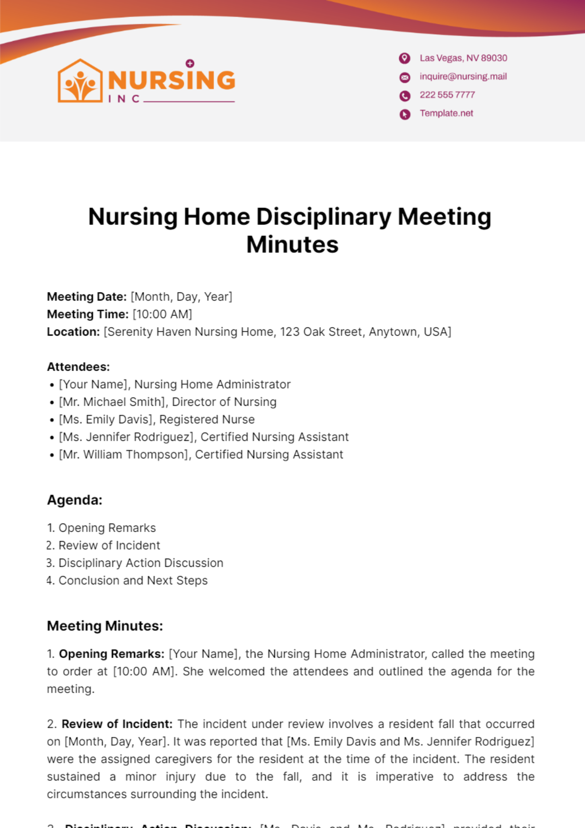 Nursing Home Disciplinary Meeting Minutes Template - Edit Online ...