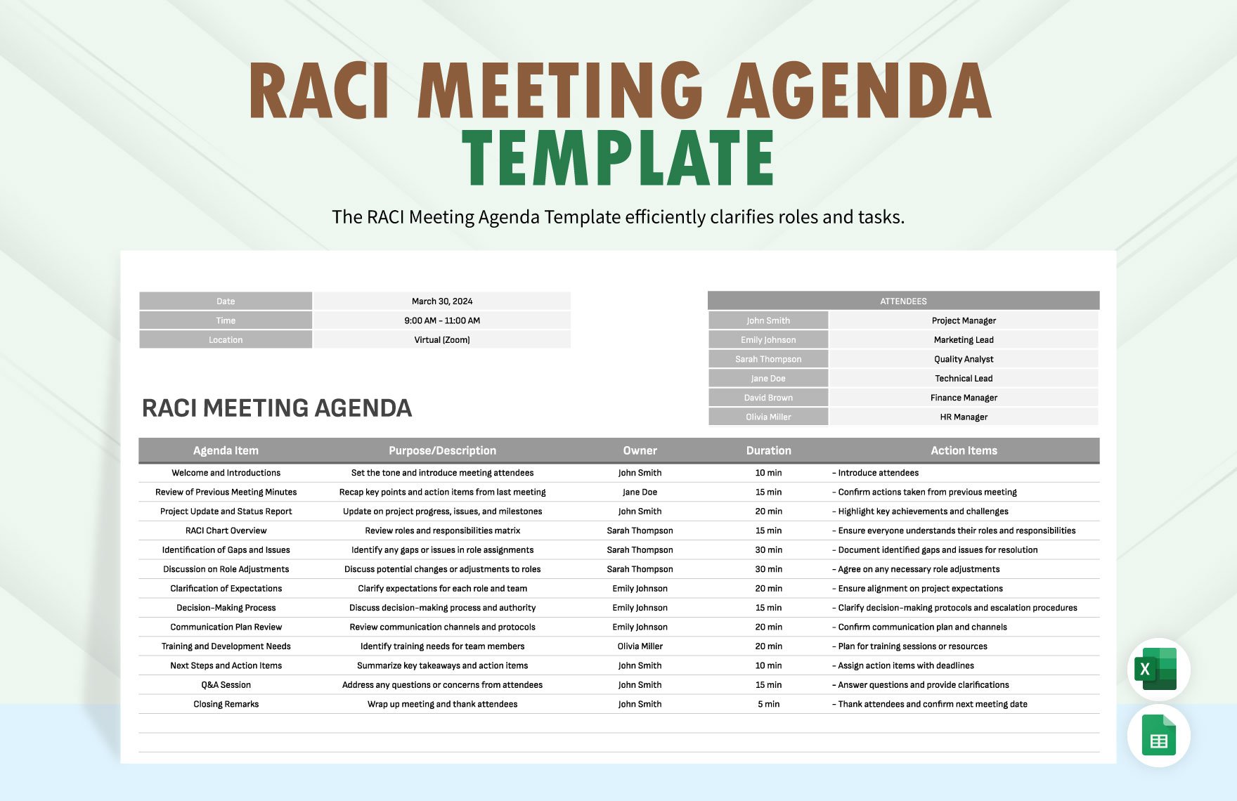 RACI Meeting Agenda Template in Excel, Google Sheets