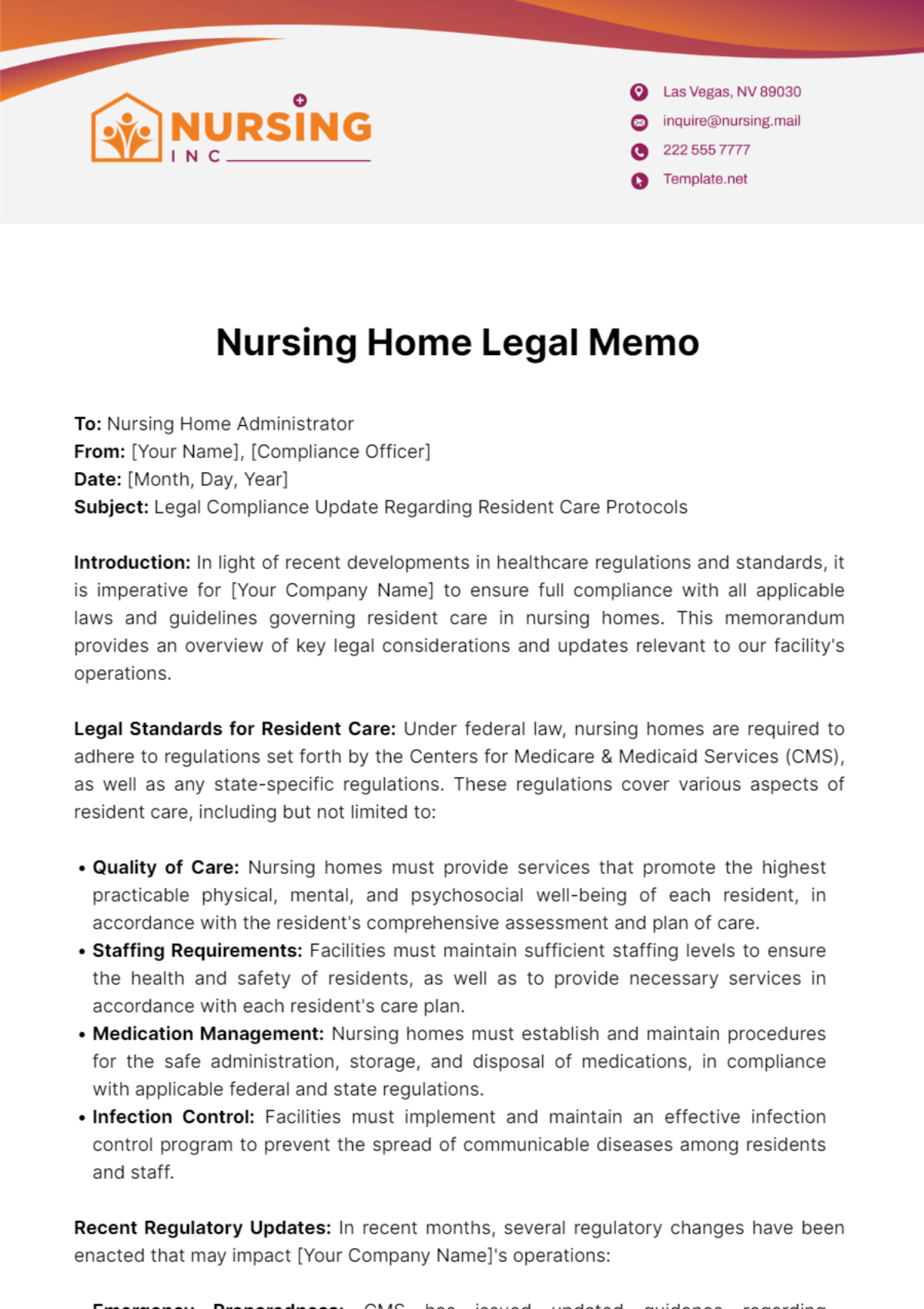 Nursing Home Legal Memo Template