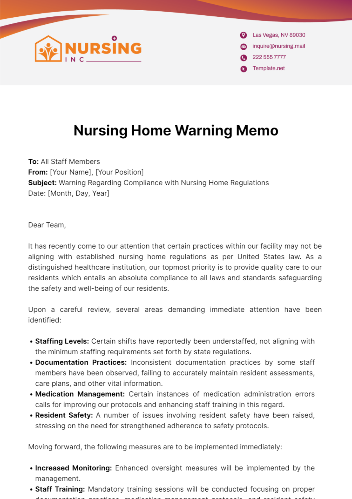Nursing Home Warning Memo Template