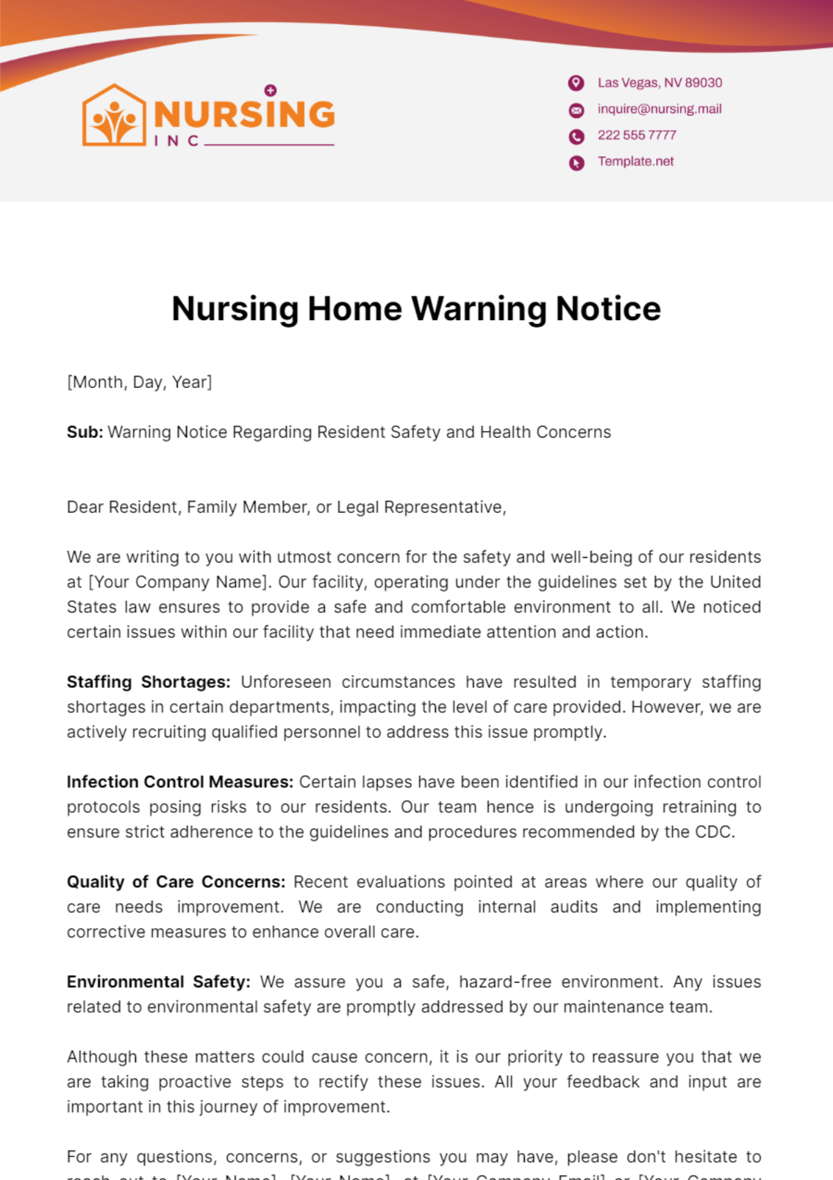 Nursing Home Warning Notice Template