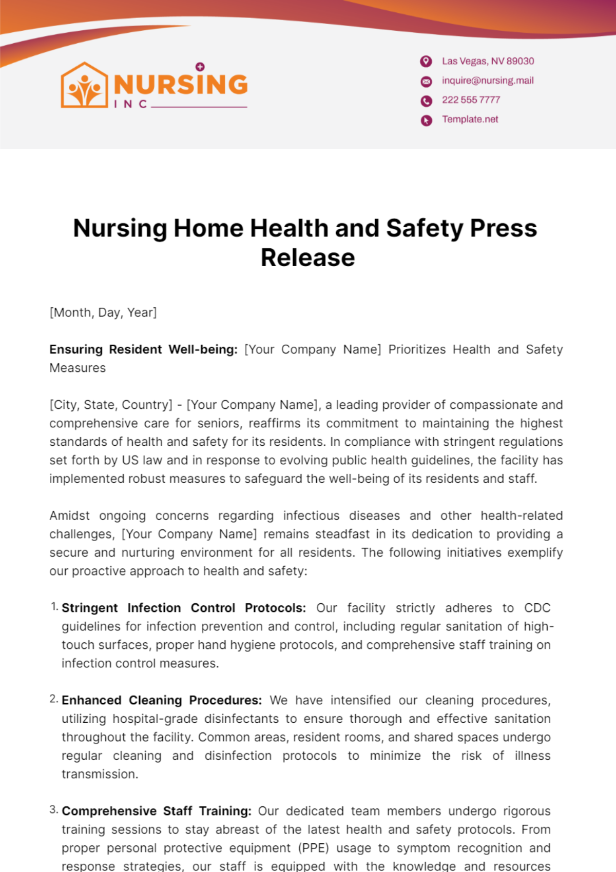 Free Nursing Home Health and Safety Press Release Template