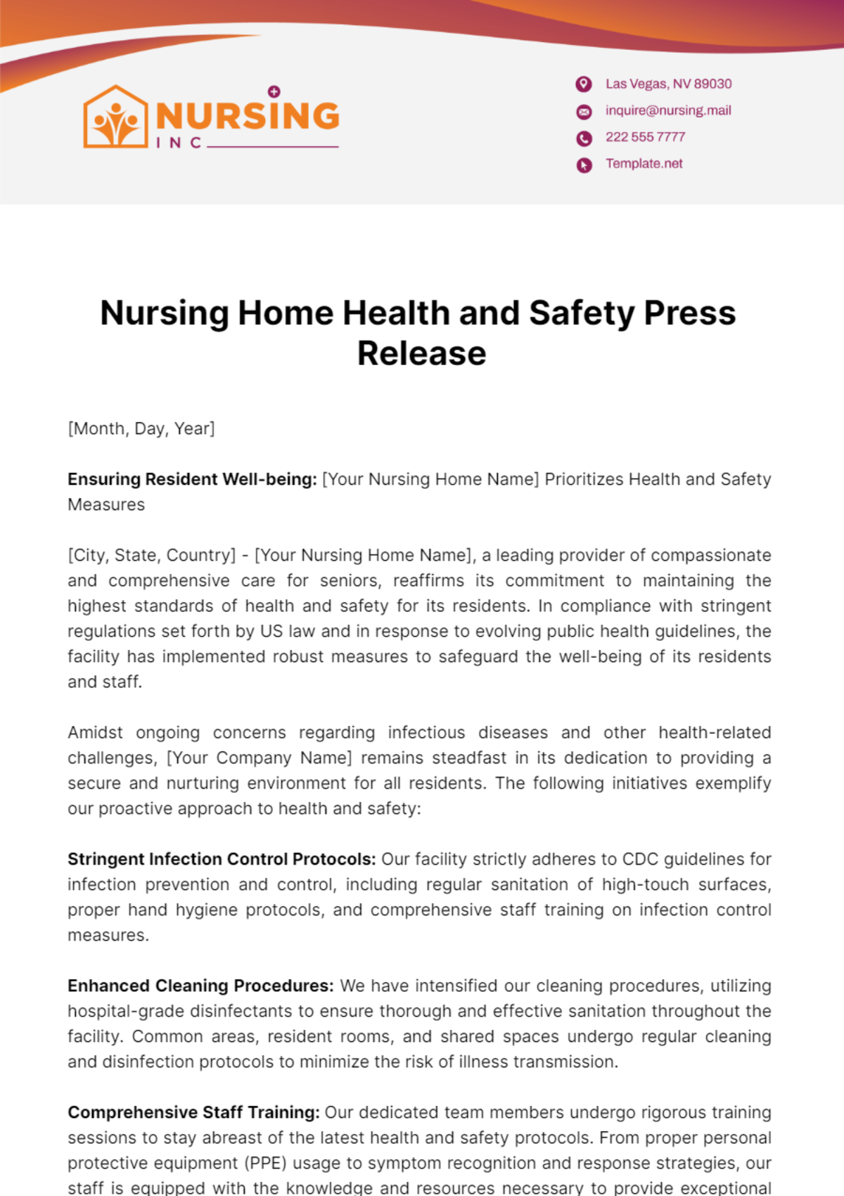 Nursing Home Health and Safety Press Release Template
