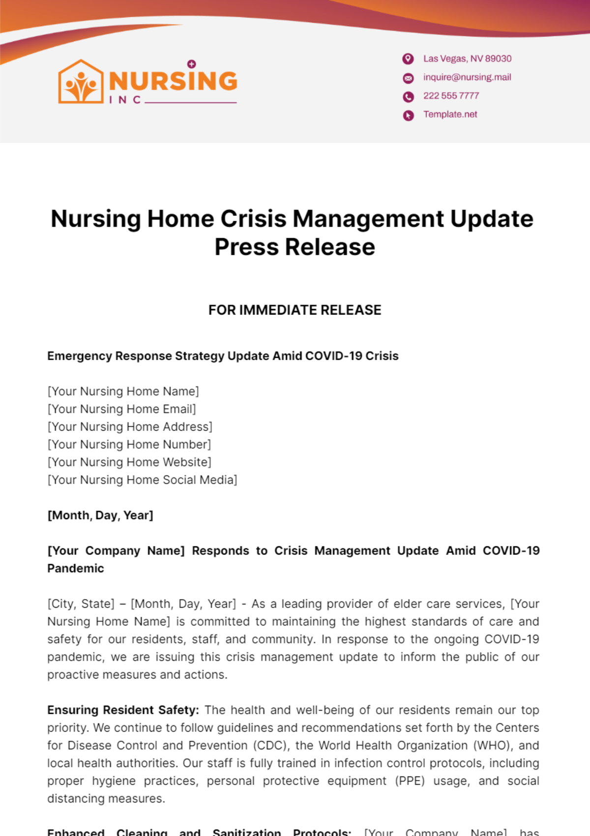 Nursing Home Crisis Management Update Press Release Template