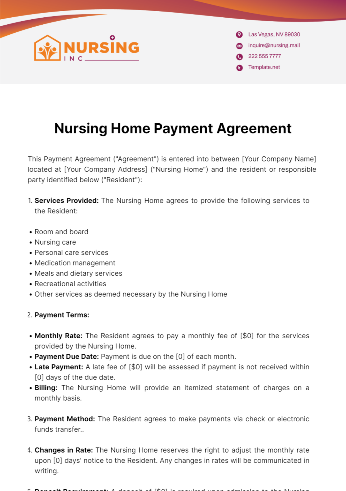 Nursing Home Payment Agreement Template
