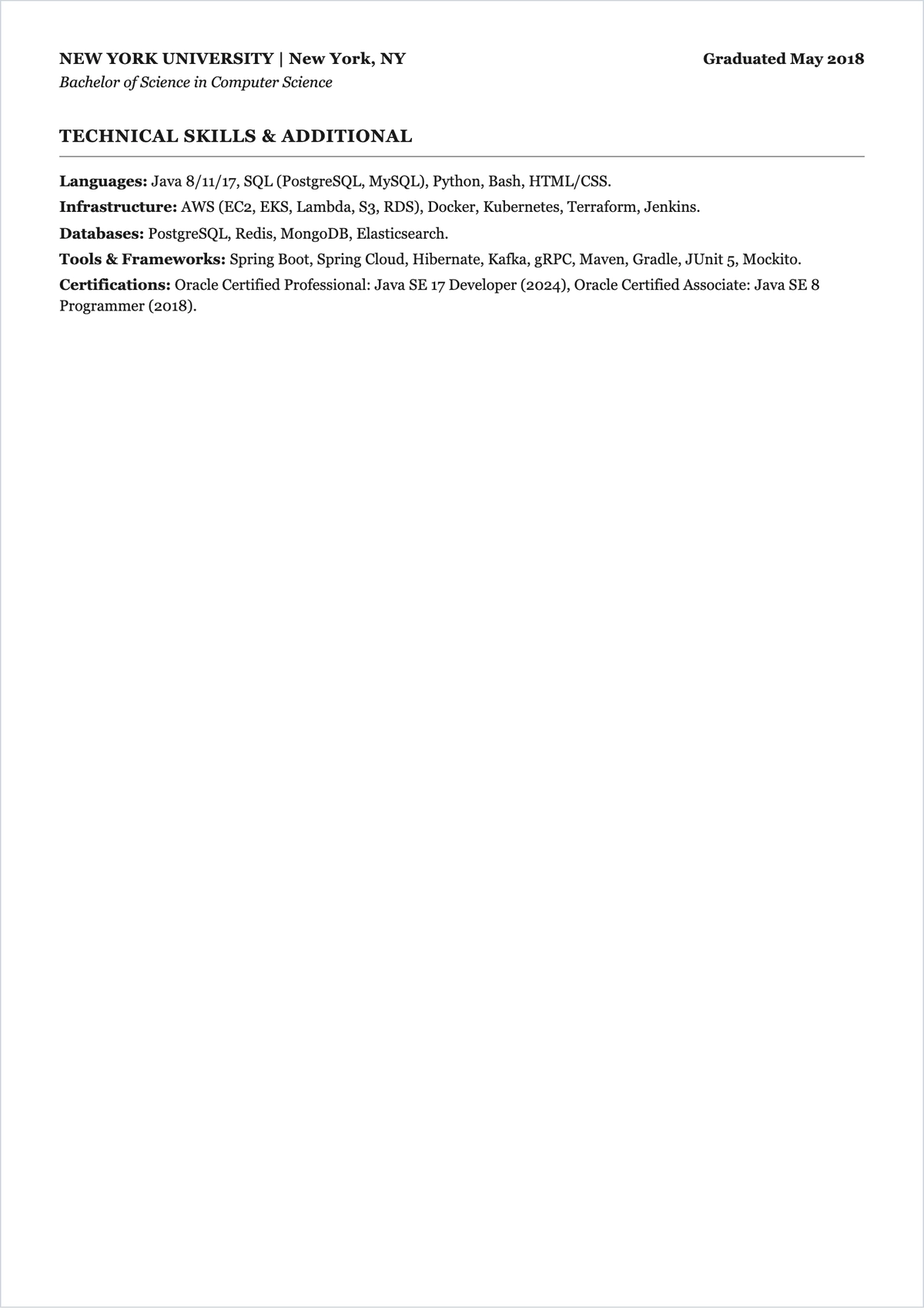 Free Java Engineer ATS Resume Template, AI Resume Builder