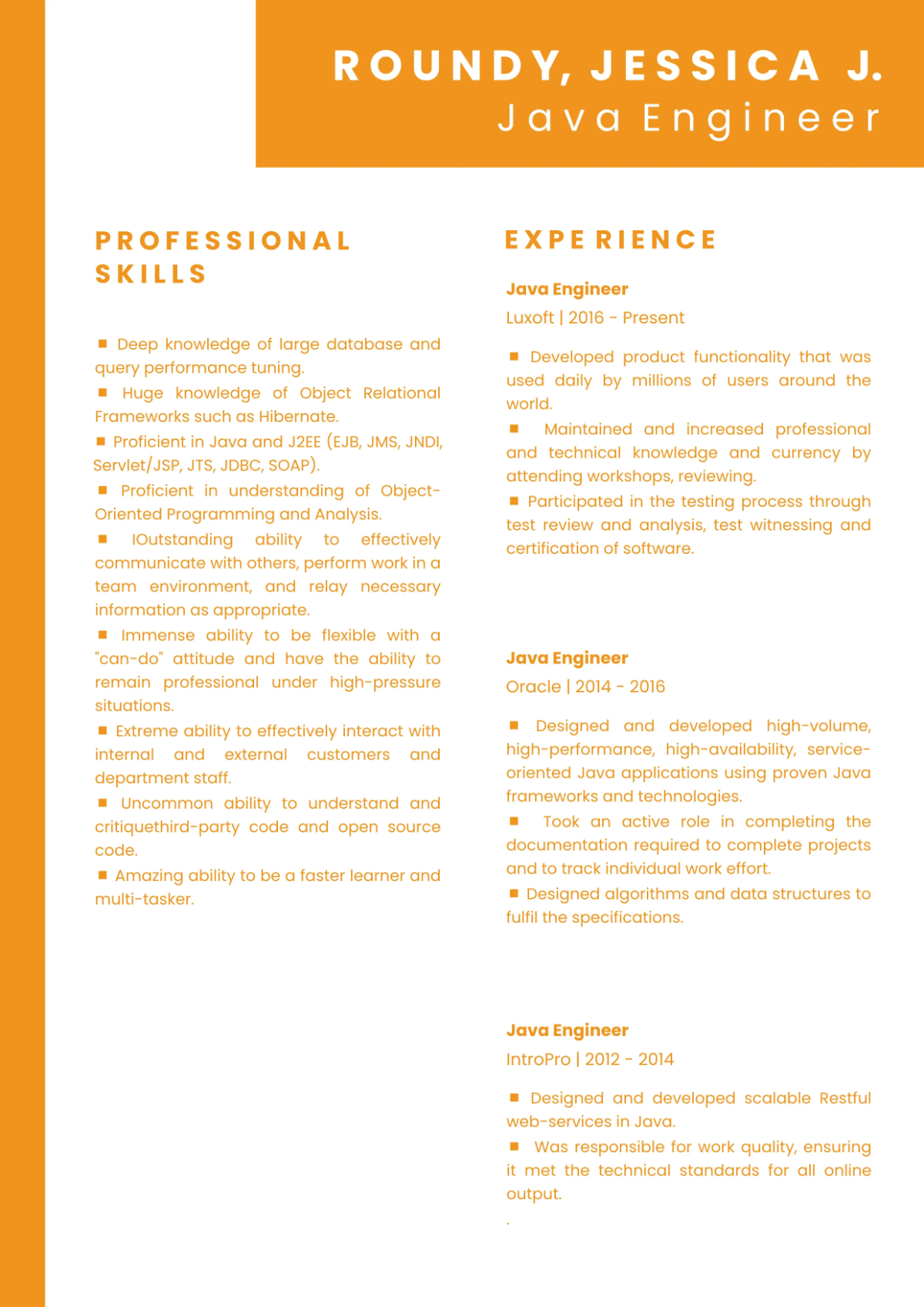 Free Java Engineer Resume Template to Edit Online