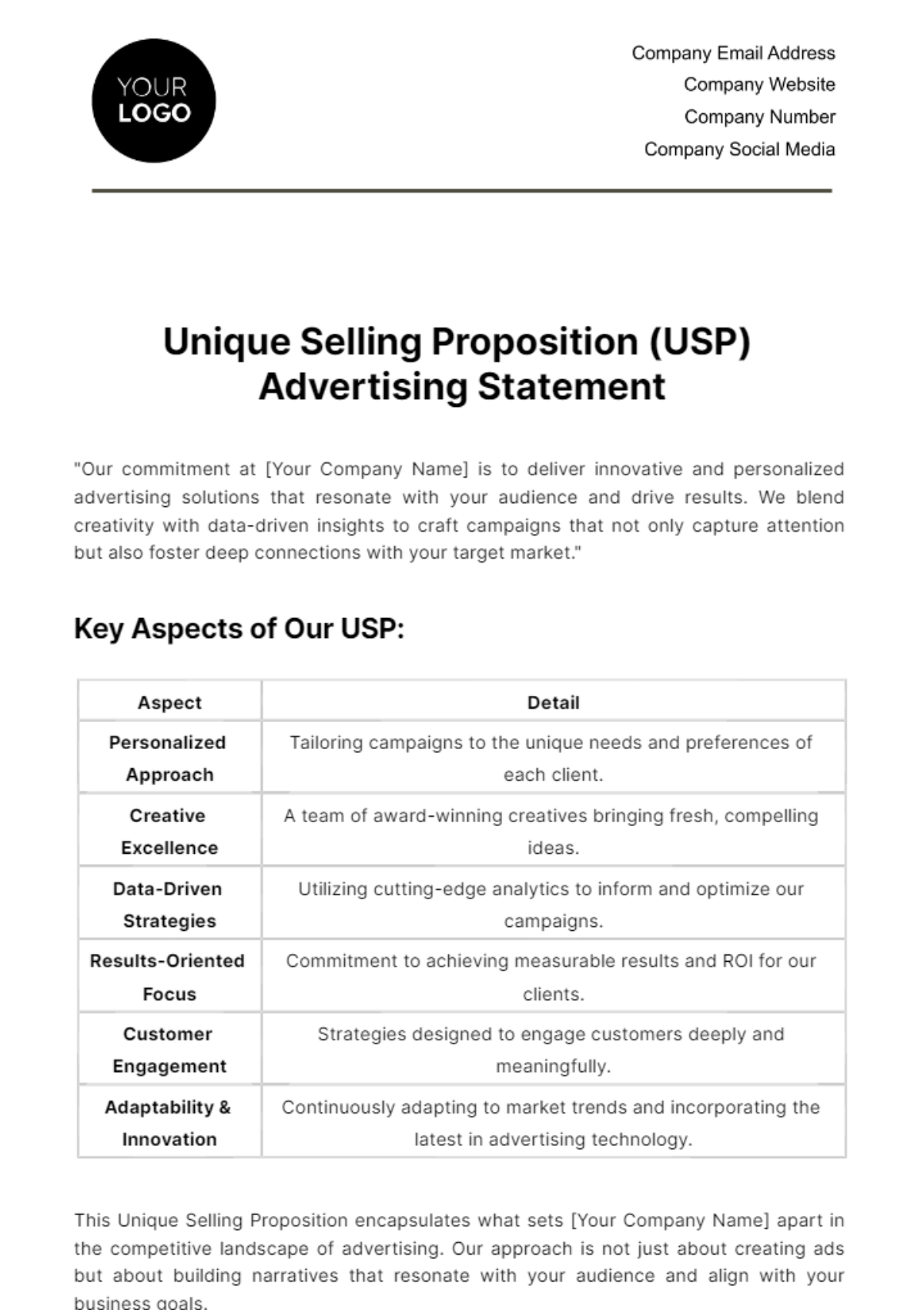 Free Unique Selling Proposition (USP) Advertising Statement Template